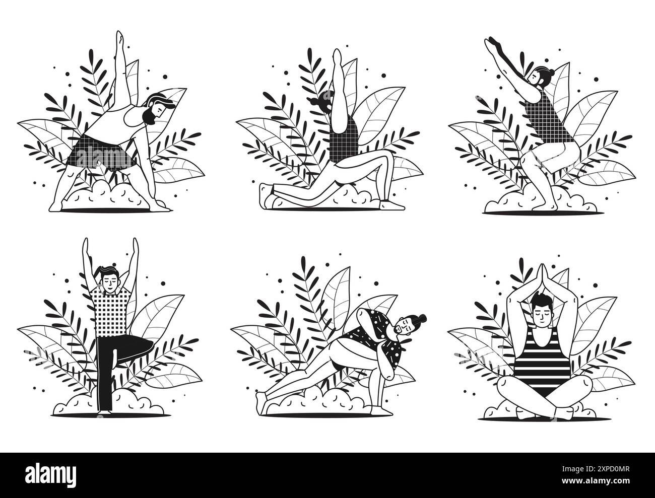 Diversi uomini in Line Art che fanno yoga Illustrazione Vettoriale