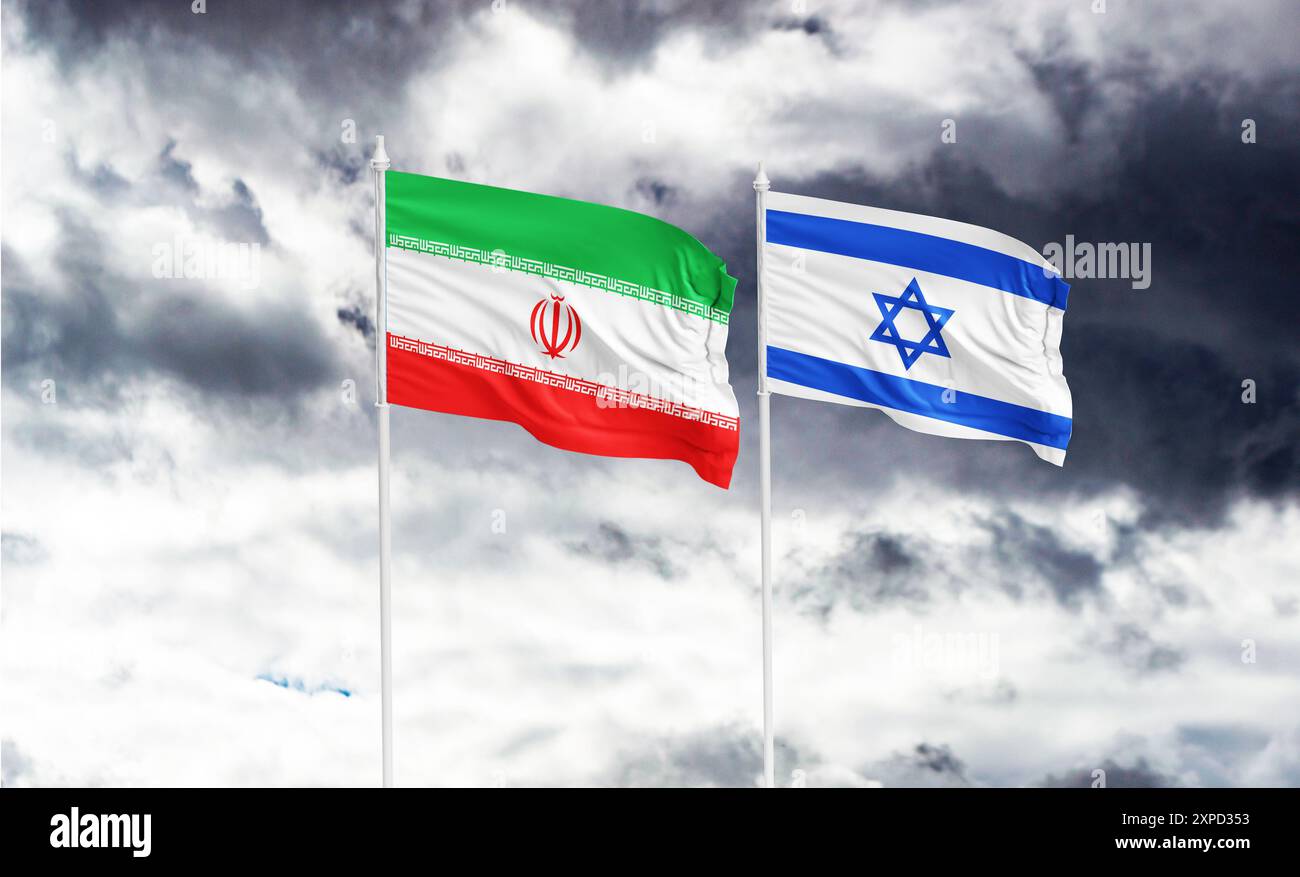 israele contro iran bandiere israele conflitto iraniano l'Iran afferma di avere il dovere di punire Israele per l'uccisione del leader di Hamas a Teheran Foto Stock