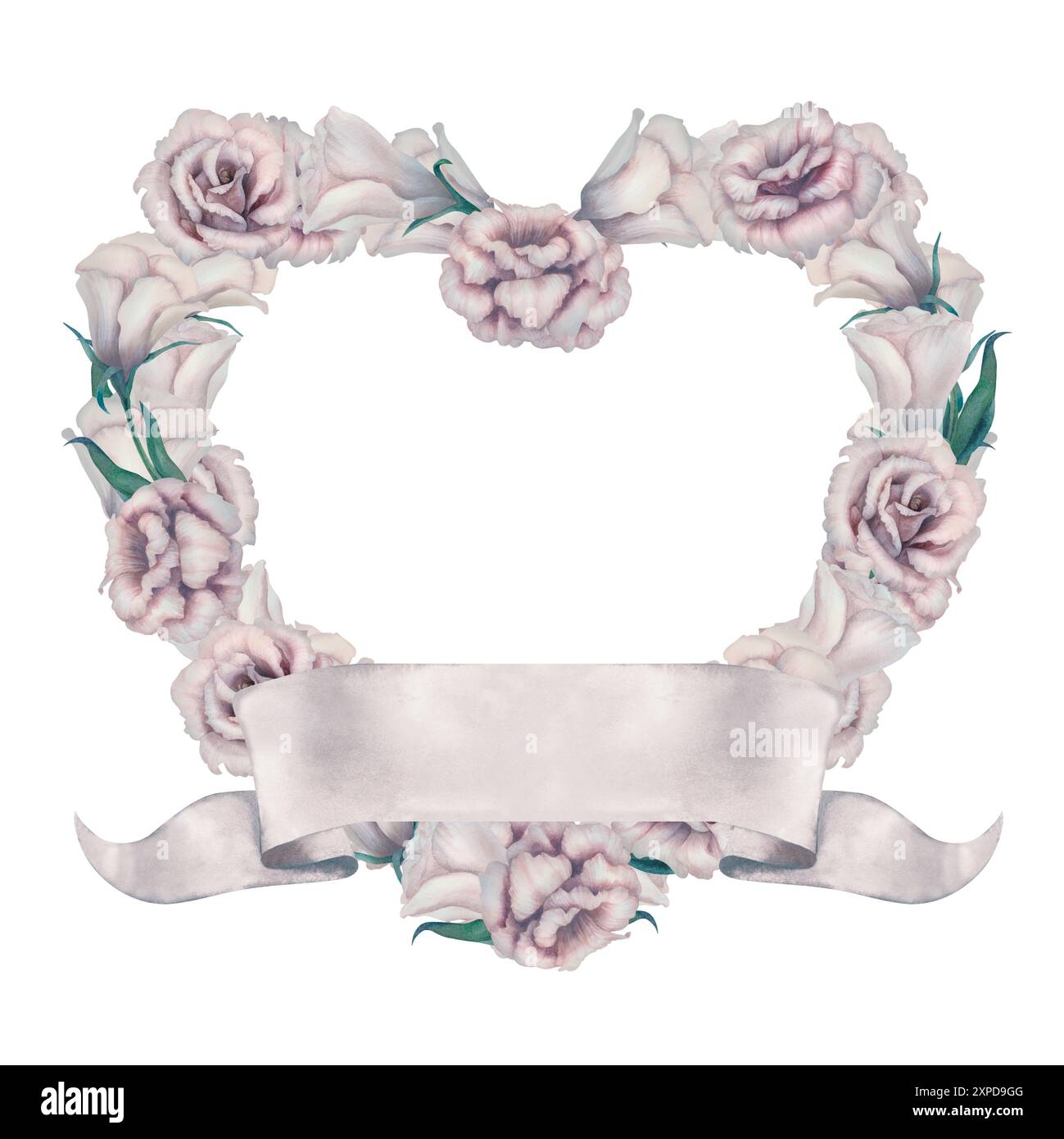 Corona di fiori rosa ad acquerello floreale a forma di cuore e striscione a nastro rosa vuoto per il testo. Romantico segno d'amore decorativo isolato su backgroun bianco Foto Stock