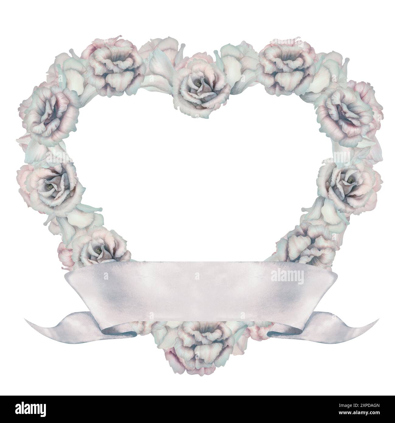 Corona di fiori bianchi ad acquerello floreale a forma di cuore e striscione a nastro rosa vuoto per il testo. Romantico segno d'amore decorativo isolato su sfondo bianco Foto Stock