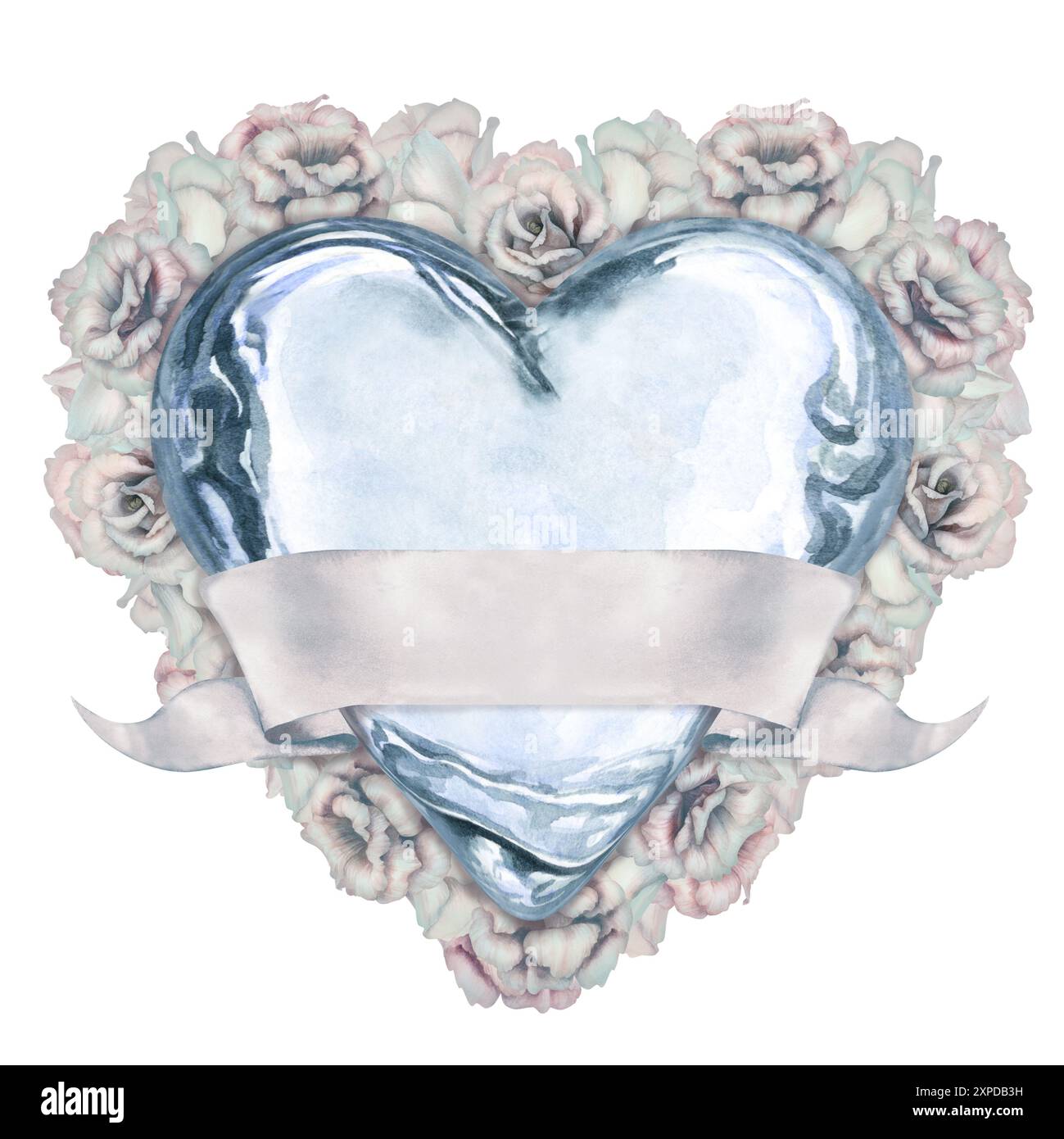 Cuore in acquerello in vetro con corona floreale di fiori bianchi con striscione a nastro vuoto per testo per il modello di carte da sposa e modello di invito. Romantico Foto Stock