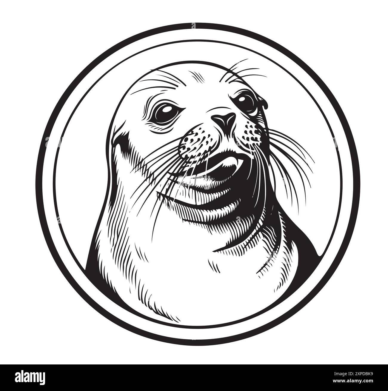 Logo delle foche in pelliccia schizzo disegnato a mano illustrazione di un vettore di animali marini. Illustrazione Vettoriale