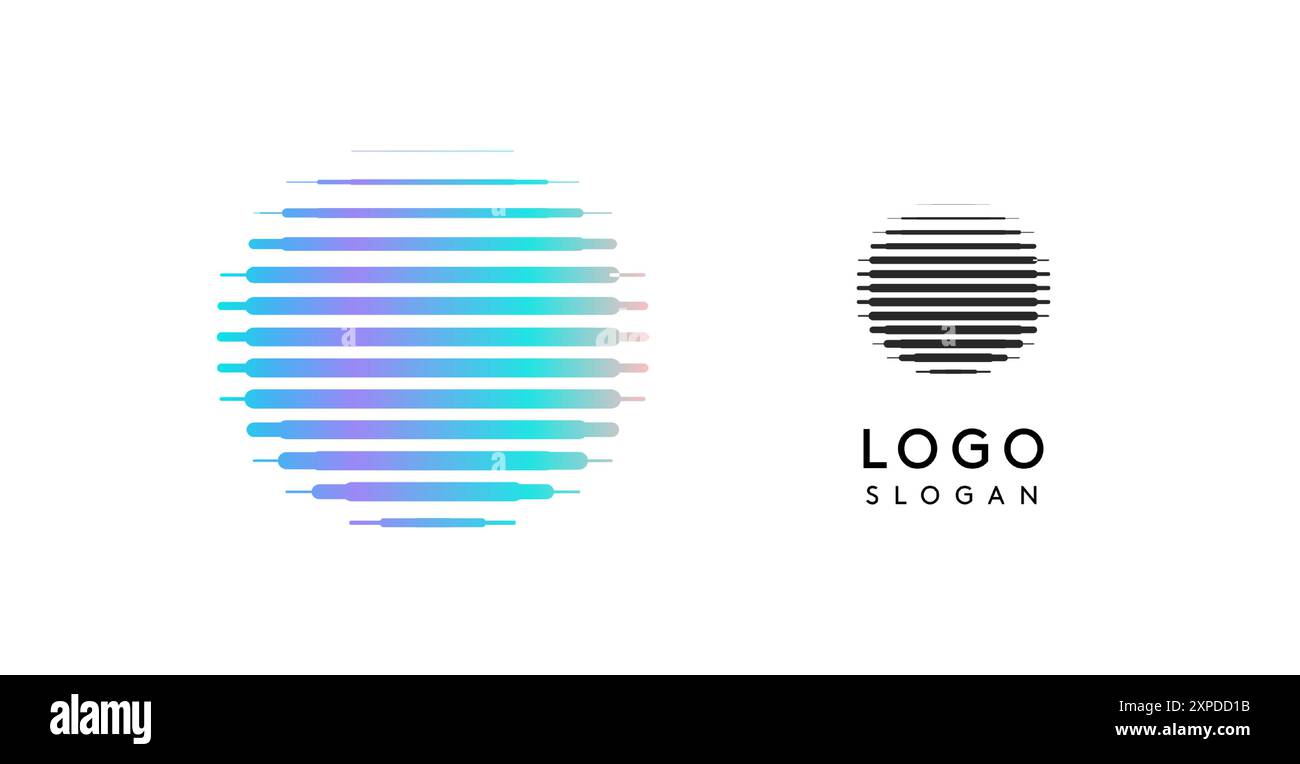 Simbolo astratto della luna, lettera o, logo con linee di gradiente orizzontali, logotipo gradiente dinamico per aziende tecnologiche, sviluppo software e. Illustrazione Vettoriale