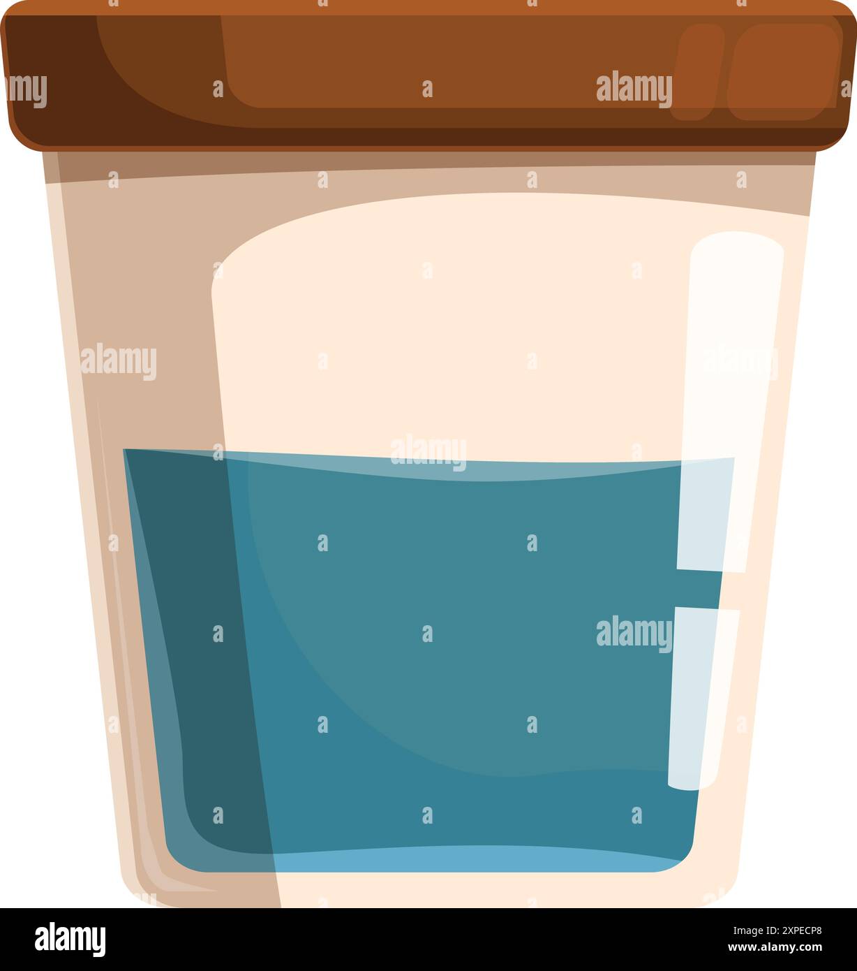 Il contenitore trasparente con coperchio marrone è parzialmente riempito con un liquido blu, che mostra le linee di misurazione Illustrazione Vettoriale