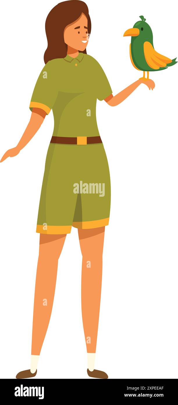 La custode dello zoo tiene in mano un pappagallo, mostrando il suo amore per gli animali e la sua dedizione al suo lavoro Illustrazione Vettoriale