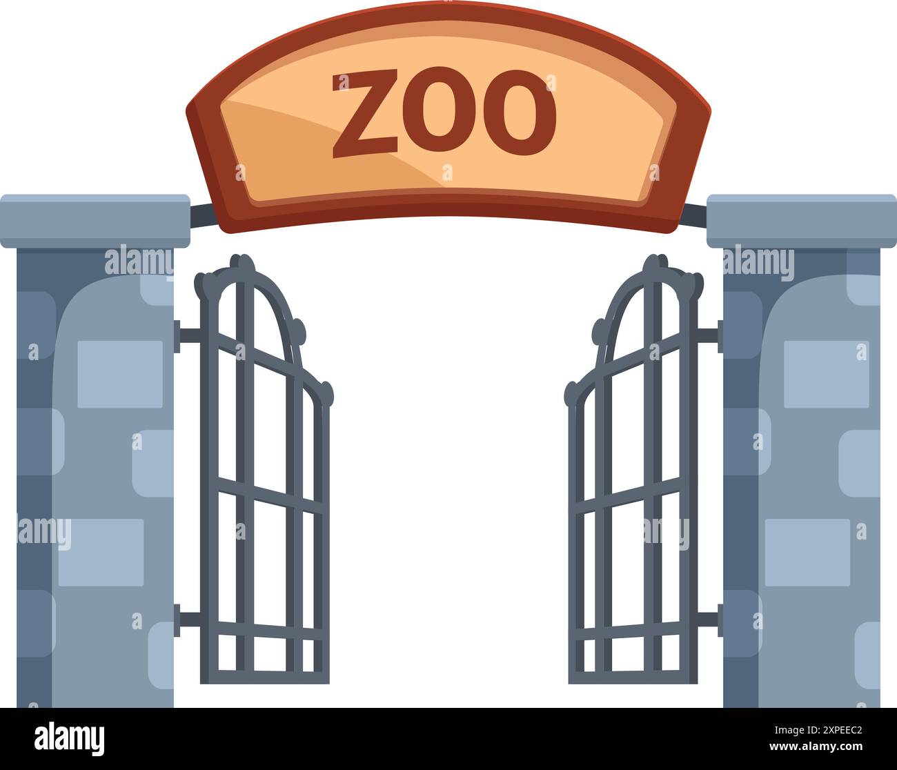 Cancelli di ferro aperti con un cartello di benvenuto che dà il benvenuto ai visitatori dello zoo per una giornata di osservazione della fauna selvatica Illustrazione Vettoriale