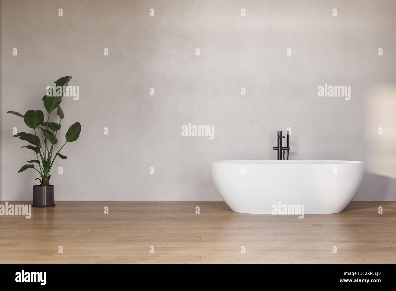 Bagno interno moderno e minimalista con vasca e pareti beige, pavimento in legno duro. Foto Stock