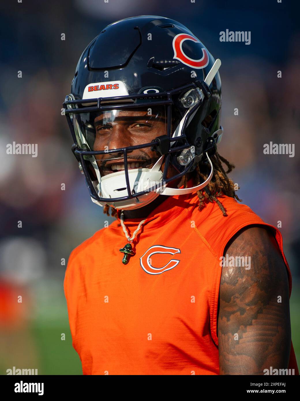 1 agosto 2024: I Chicago Bears n. 25 Adrian Colbert si scalda prima della gara di Hall of Fame contro gli Houston Texans a Canton, OHIO. Mike Wulf/CSM Foto Stock