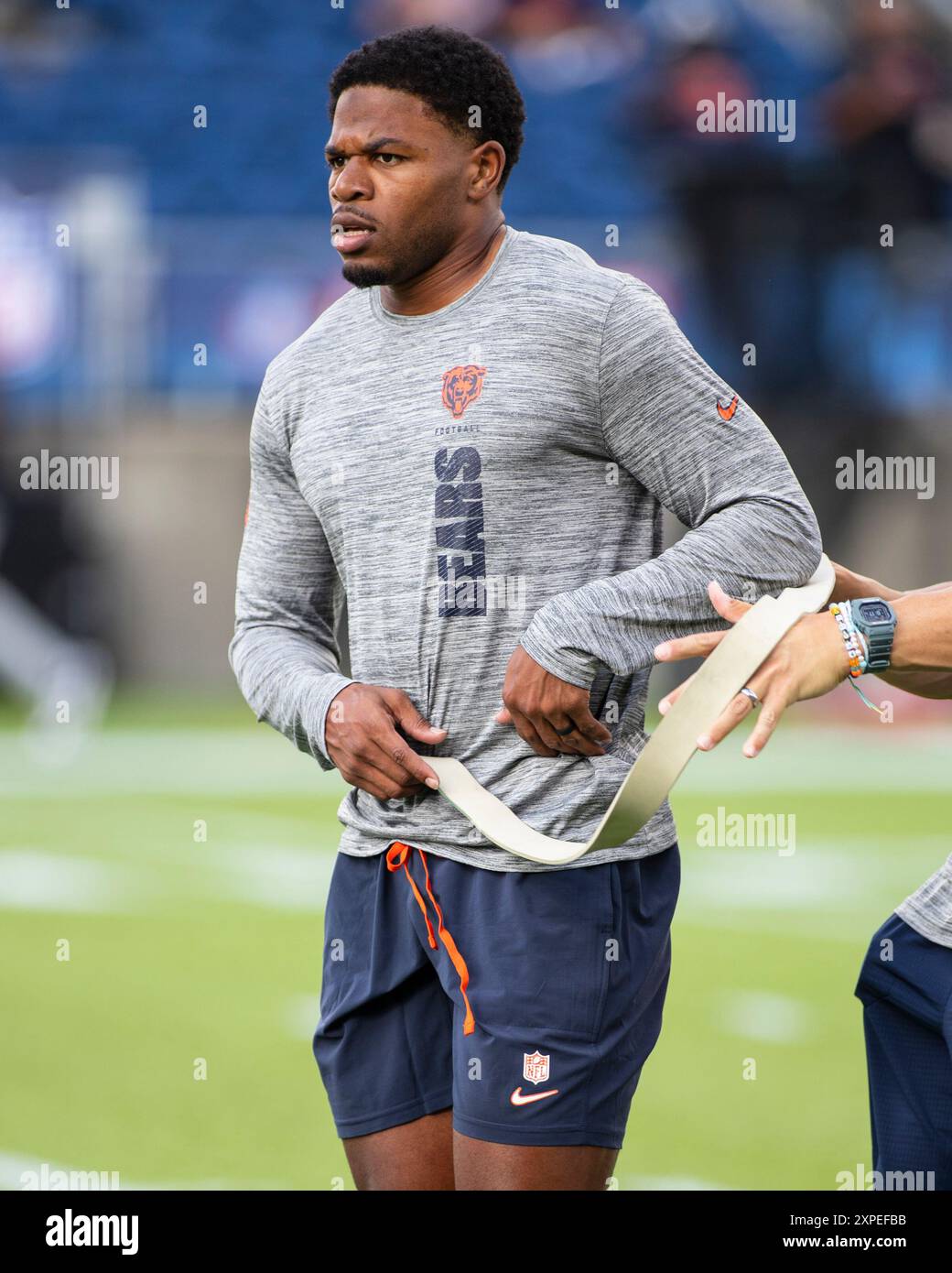 1 agosto 2024: I Chicago Bears n. 22 Elijah Hicks si scalda prima della gara della Hall of Fame contro gli Houston Texans a Canton, OHIO. Mike Wulf/CSM Foto Stock