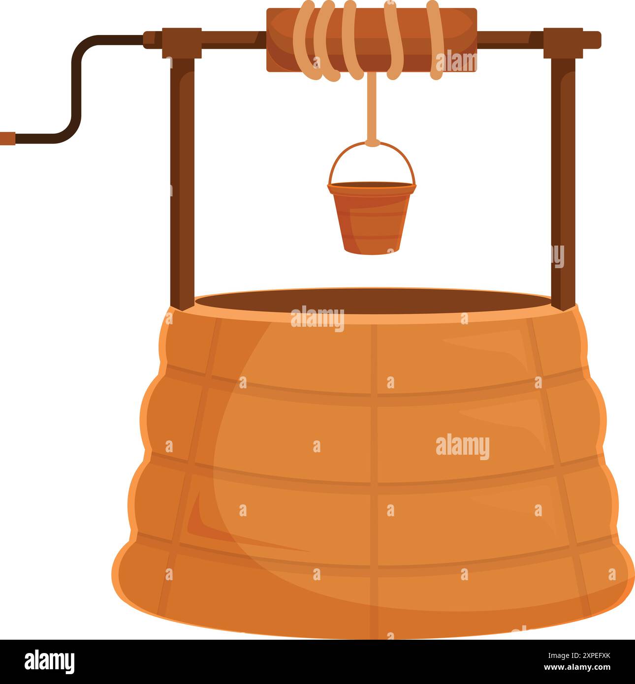 Pozzo d'acqua per cartoni animati con secchio di legno appeso a una corda Illustrazione Vettoriale