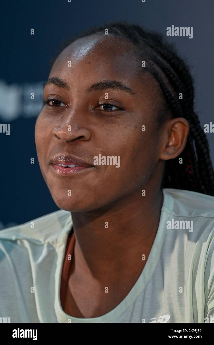 Toronto, Canada. 5 agosto 2024. Il tennista Coco Gauff partecipa a una conferenza stampa al WTA 1000 Toronto National Bank Open. Christopher Child/EXimages Credit: EXImages/Alamy Live News Foto Stock