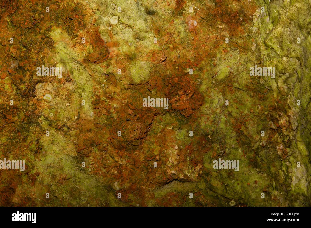 Grunge la texture arrugginita con una superficie ruvida con una miscela di colori rosso e verde. Foto Stock