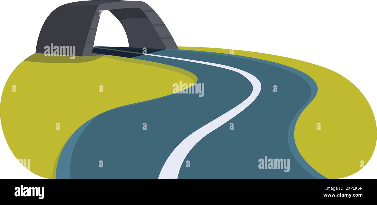 La tortuosa strada di campagna passa sotto un ponte di pietra in un paesaggio rurale Illustrazione Vettoriale