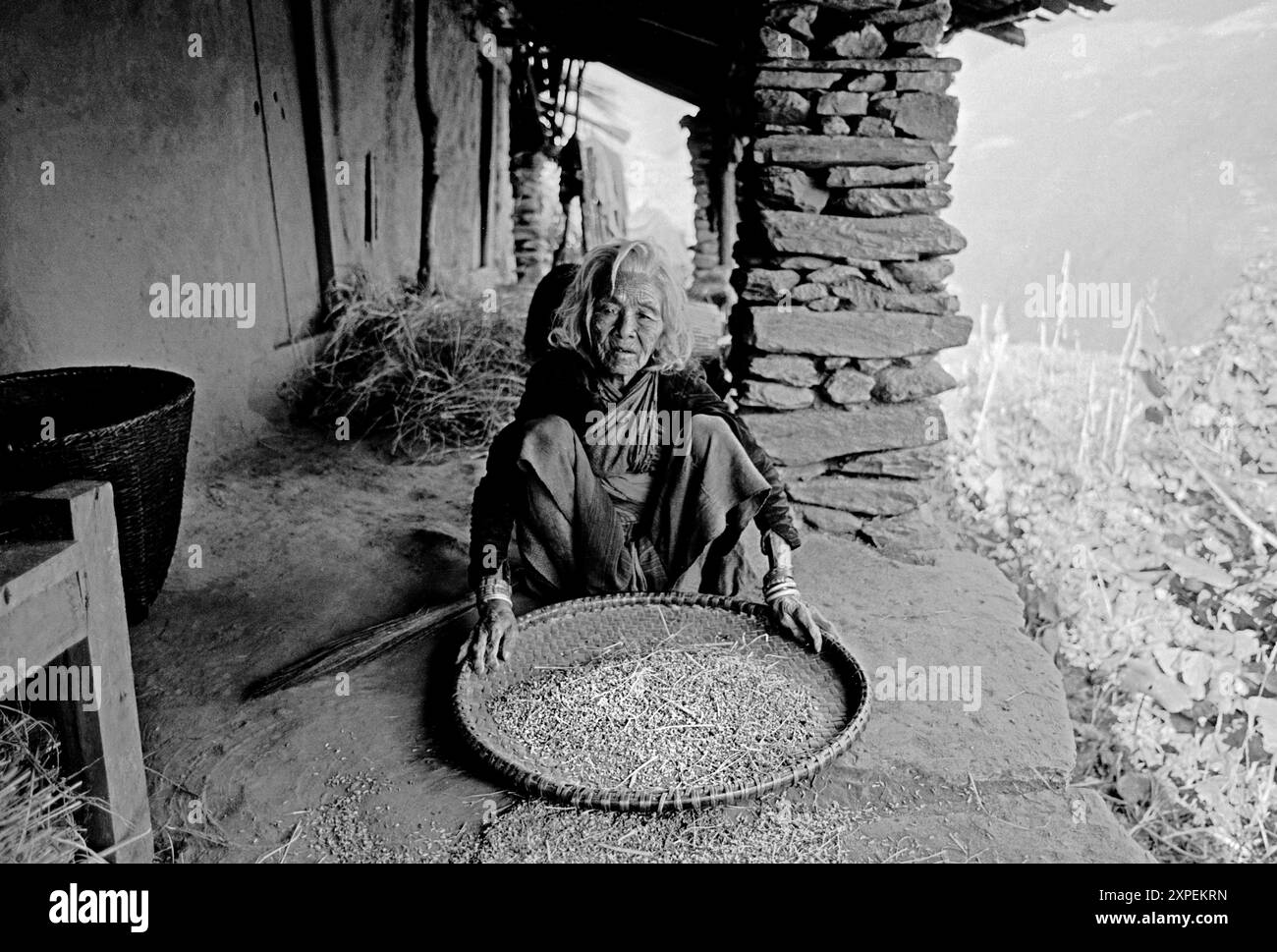 La donna nepalese separa il riso dal chaff in un villaggio vicino a Bodha Himal - Nepal Foto Stock
