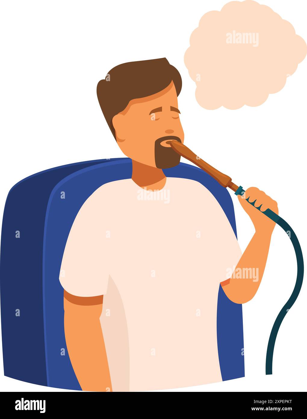 Uomo barbuto che si rilassa su una poltrona blu che fuma narghilè Illustrazione Vettoriale
