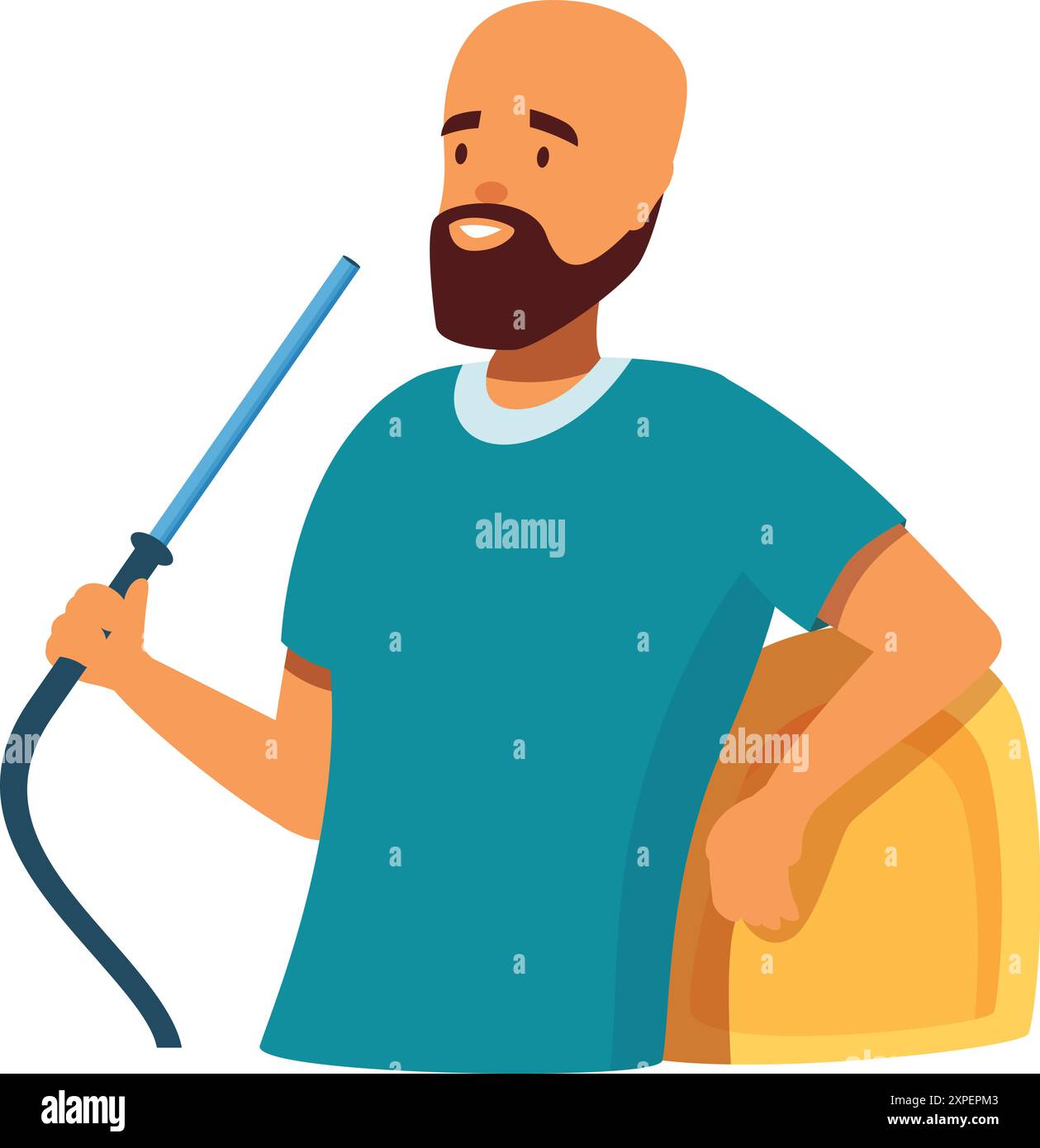 L'uomo barbuto regge un tubo di narghilè e si appoggia su un oggetto giallo Illustrazione Vettoriale