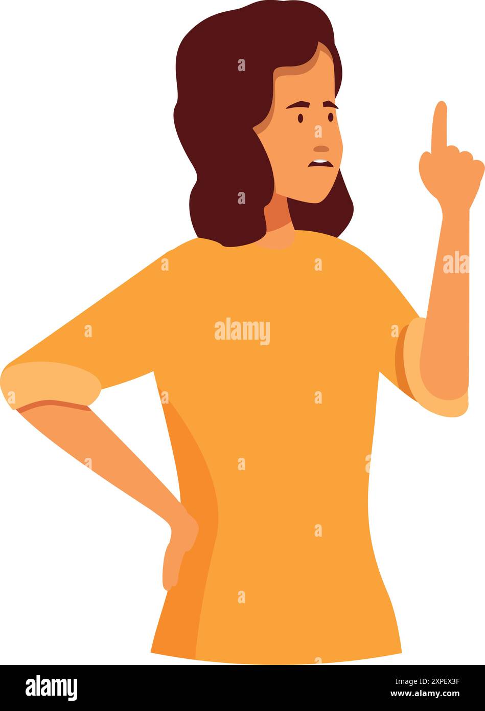 La giovane donna sta in piedi con la mano sull'anca e solleva il dito indice per fare un punto Illustrazione Vettoriale