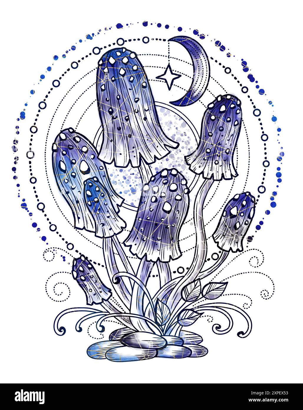 Illustrazione vintage in stile con funghi mistici, elementi decorativi magici e floreali, simboli di stregoneria isolati sul bianco. Con esoterico e strepitoso Foto Stock