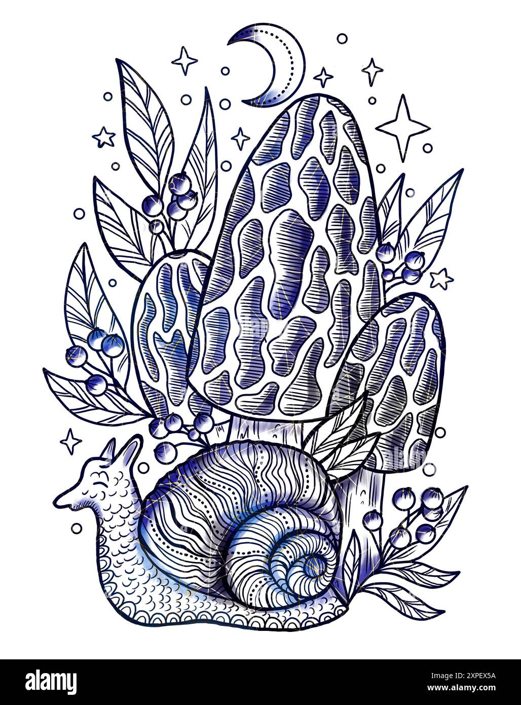 Illustrazione vintage in stile con funghi mistici, elementi decorativi magici e floreali, simboli di stregoneria isolati sul bianco. Con esoterico e strepitoso Foto Stock