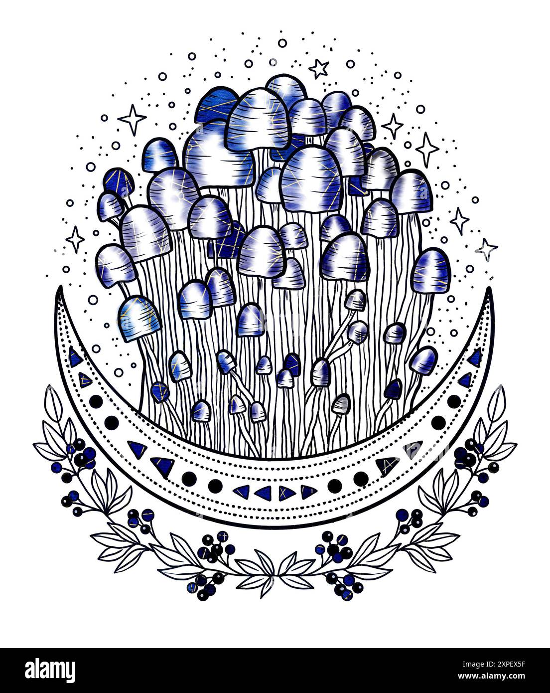 Illustrazione vintage in stile con funghi mistici, elementi decorativi magici e floreali, simboli di stregoneria isolati sul bianco. Con esoterico e strepitoso Foto Stock