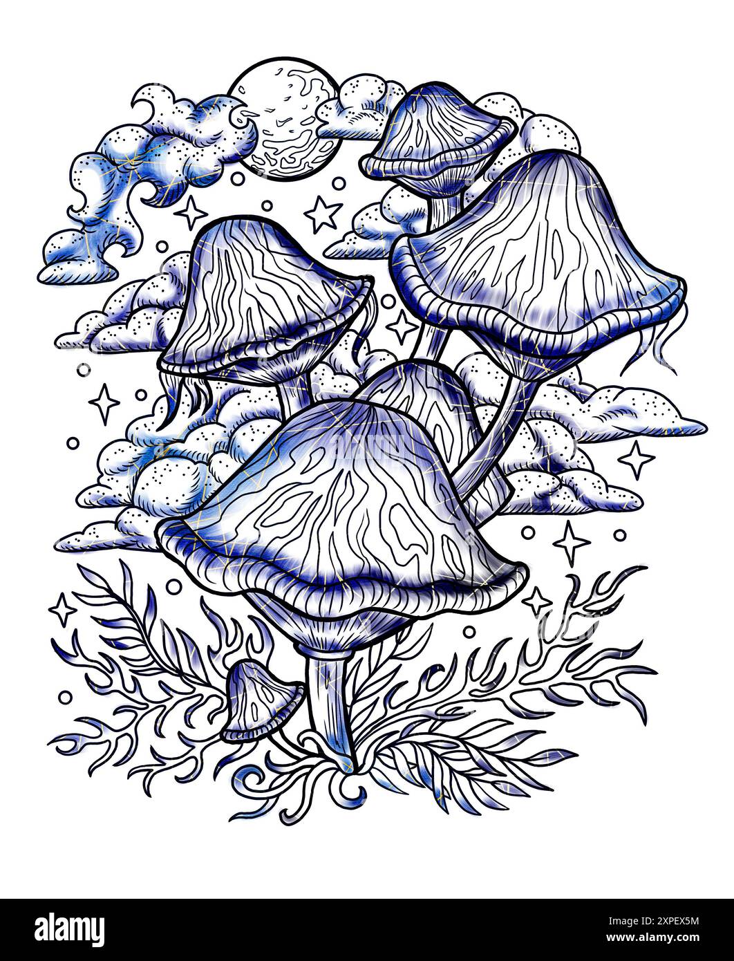 Illustrazione vintage in stile con funghi mistici, elementi decorativi magici e floreali, simboli di stregoneria isolati sul bianco. Con esoterico e strepitoso Foto Stock