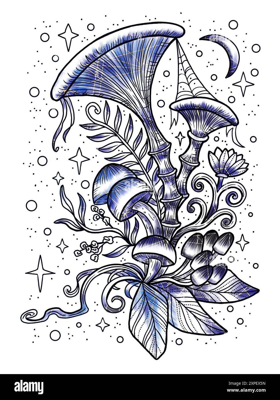 Illustrazione vintage in stile con funghi mistici, elementi decorativi magici e floreali, simboli di stregoneria isolati sul bianco. Con esoterico e strepitoso Foto Stock