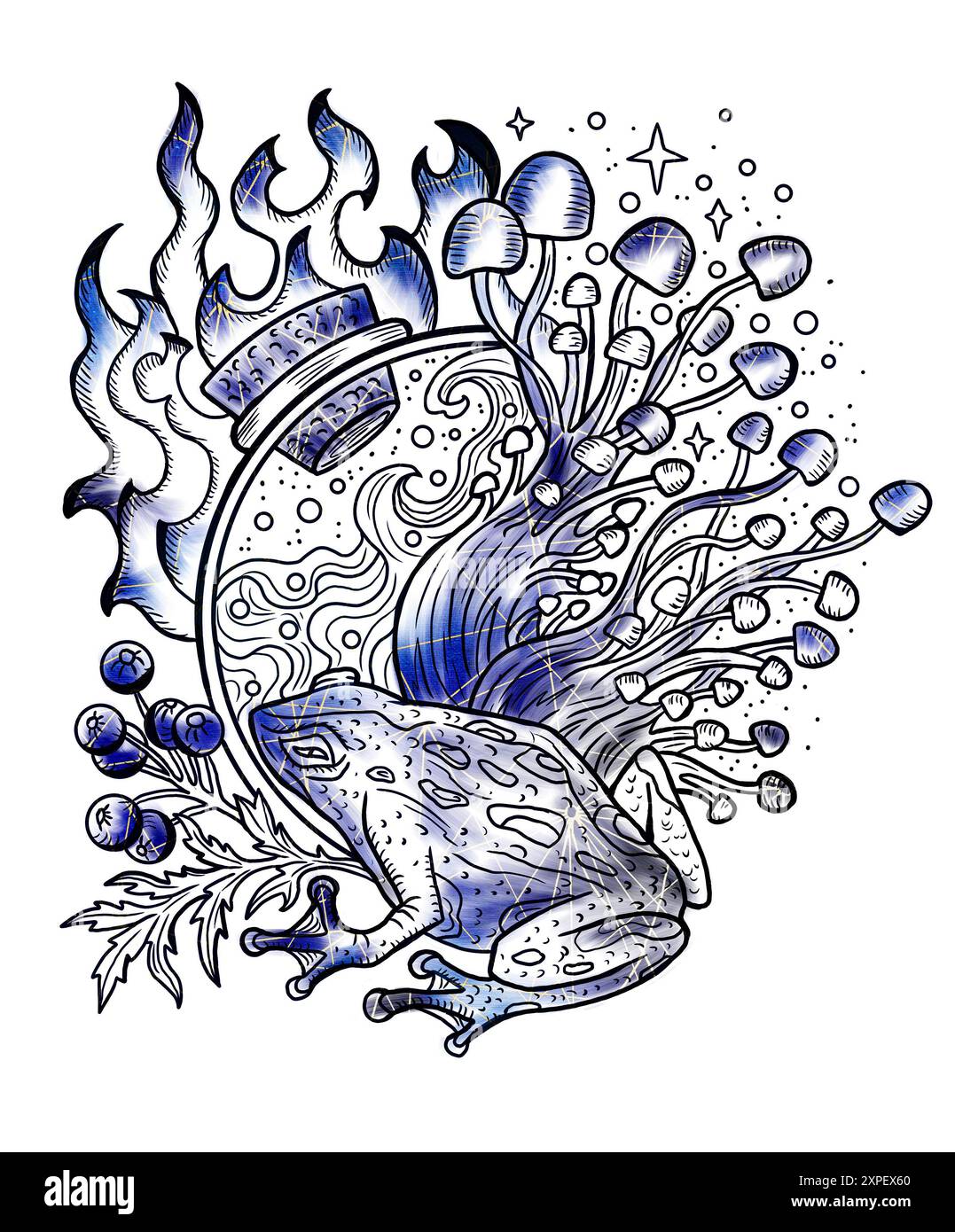 Illustrazione vintage in stile con funghi mistici, elementi decorativi magici e floreali, simboli di stregoneria isolati sul bianco. Con esoterico e strepitoso Foto Stock