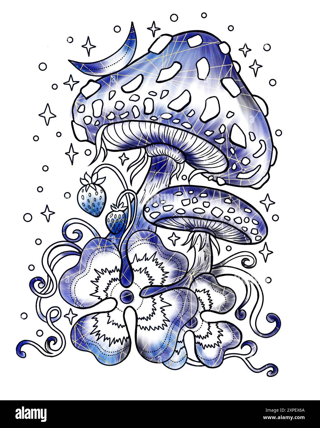 Illustrazione vintage in stile con funghi mistici, elementi decorativi magici e floreali, simboli di stregoneria isolati sul bianco. Con esoterico e strepitoso Foto Stock