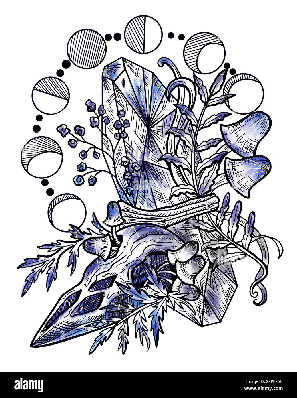 Illustrazione vintage in stile con funghi mistici, elementi decorativi magici e floreali, simboli di stregoneria isolati sul bianco. Con esoterico e strepitoso Foto Stock