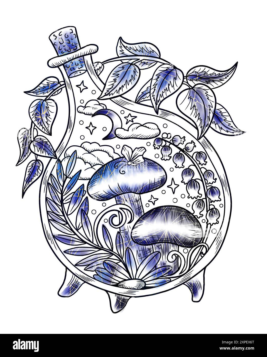 Illustrazione vintage in stile con funghi mistici, elementi decorativi magici e floreali, simboli di stregoneria isolati sul bianco. Con esoterico e strepitoso Foto Stock