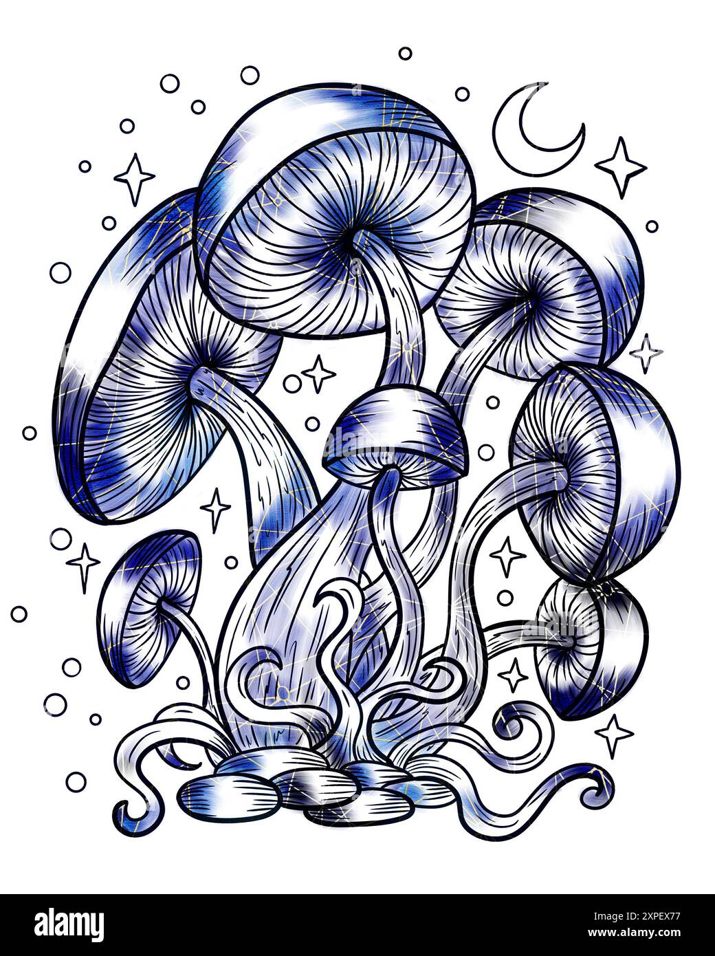 Illustrazione vintage in stile con funghi mistici, elementi decorativi magici e floreali, simboli di stregoneria isolati sul bianco. Con esoterico e strepitoso Foto Stock