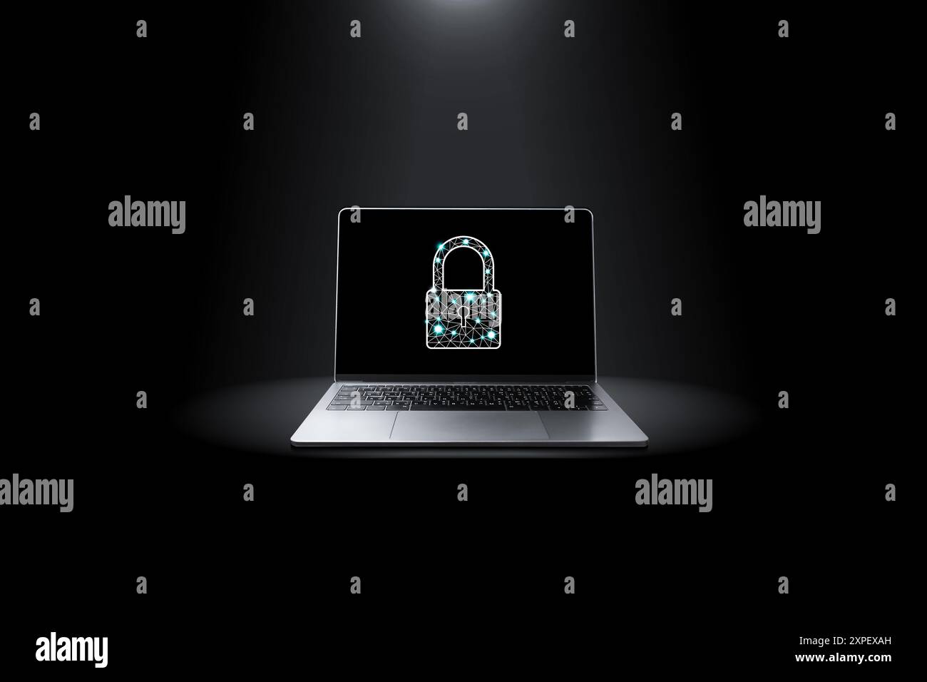 Concetto di tecnologia per la sicurezza delle reti informatiche , laptop grigio con importanti icone delle chiavi di sicurezza sullo schermo in uno sfondo scuro Foto Stock