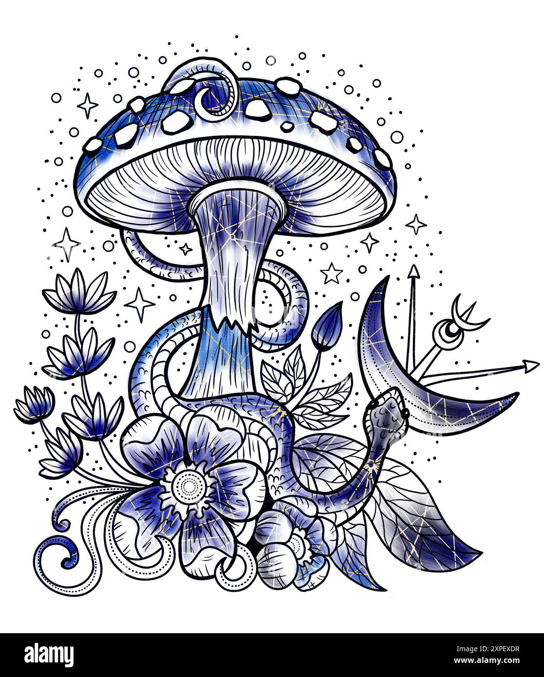 Illustrazione vintage in stile con funghi mistici, elementi decorativi magici e floreali, simboli di stregoneria isolati sul bianco. Con esoterico e strepitoso Foto Stock