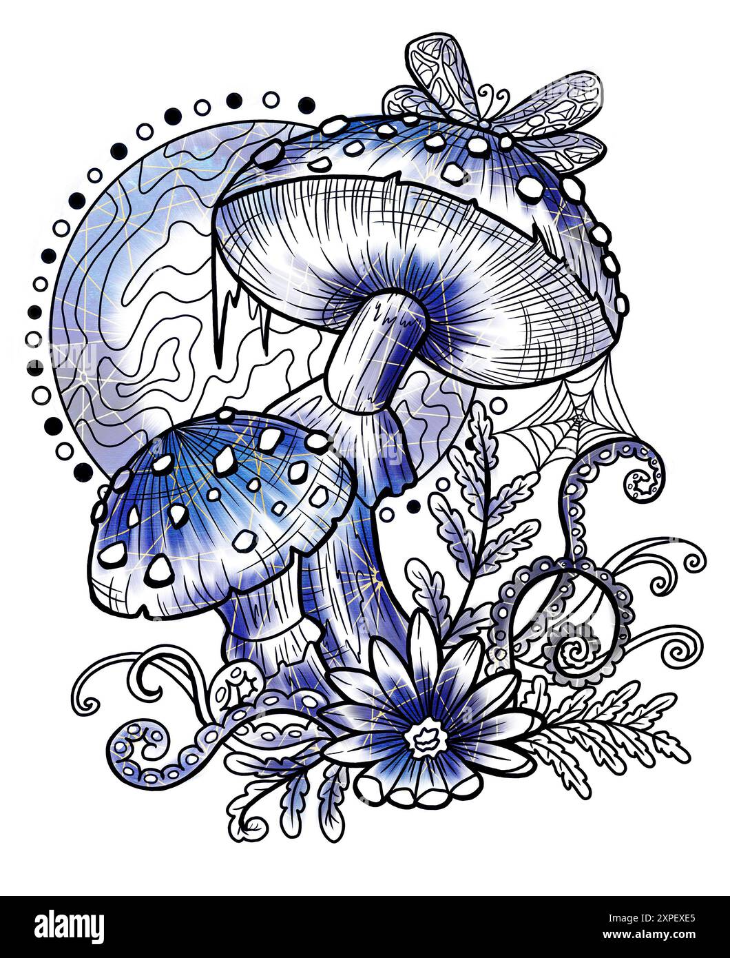 Illustrazione vintage in stile con funghi mistici, elementi decorativi magici e floreali, simboli di stregoneria isolati sul bianco. Con esoterico e strepitoso Foto Stock
