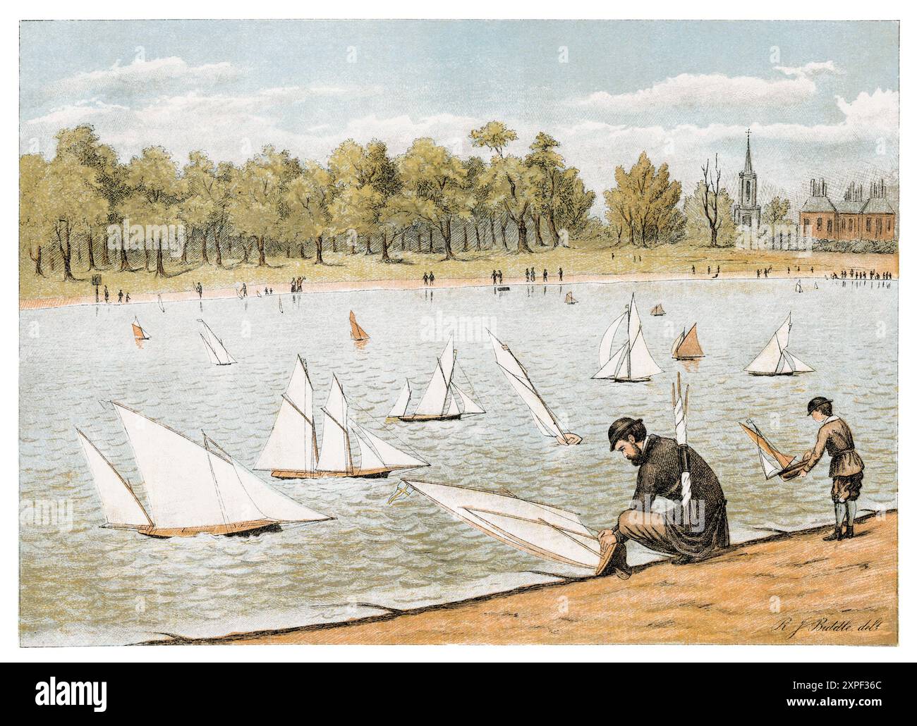 1883 stampa cromolitografica degli appassionati di modellini di yacht al Round Pond di Kensington Gardens, Londra. Dal Boy's Own Paper Annual 1882-83. Foto Stock