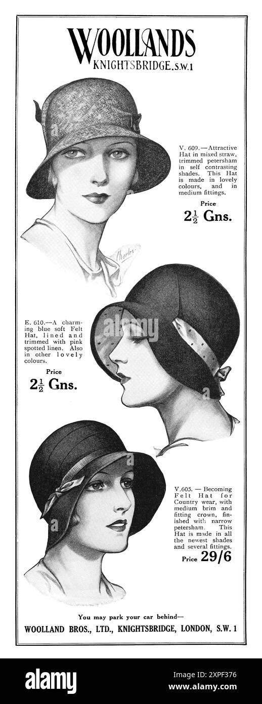 1930 pubblicità britannica di moda per i cappelli da donna Woodlands. Foto Stock