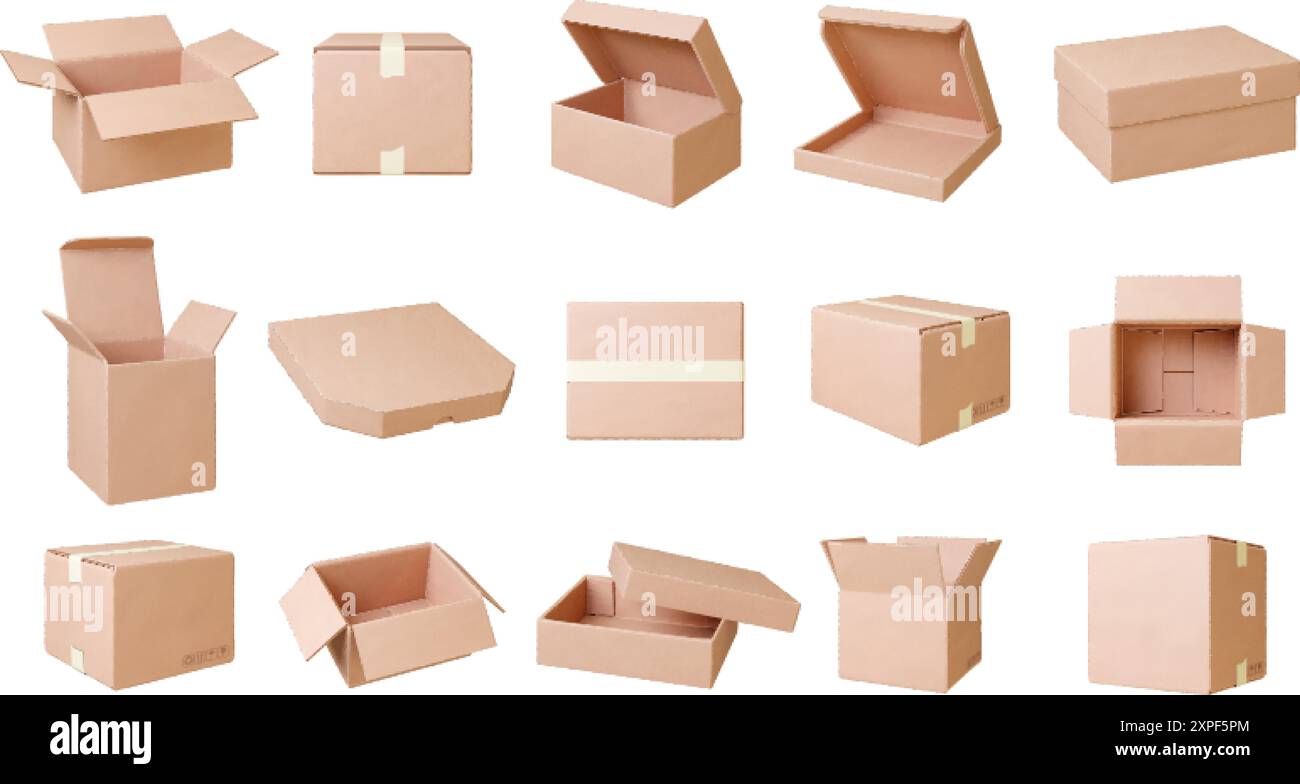 Mockup scatole di cartone. Consegna di pacchi, pacchi o oggetti per lo spostamento di pacchi di carta. Cibo da asporto, confezioni di pizza, set vettoriale 3d realistico Illustrazione Vettoriale