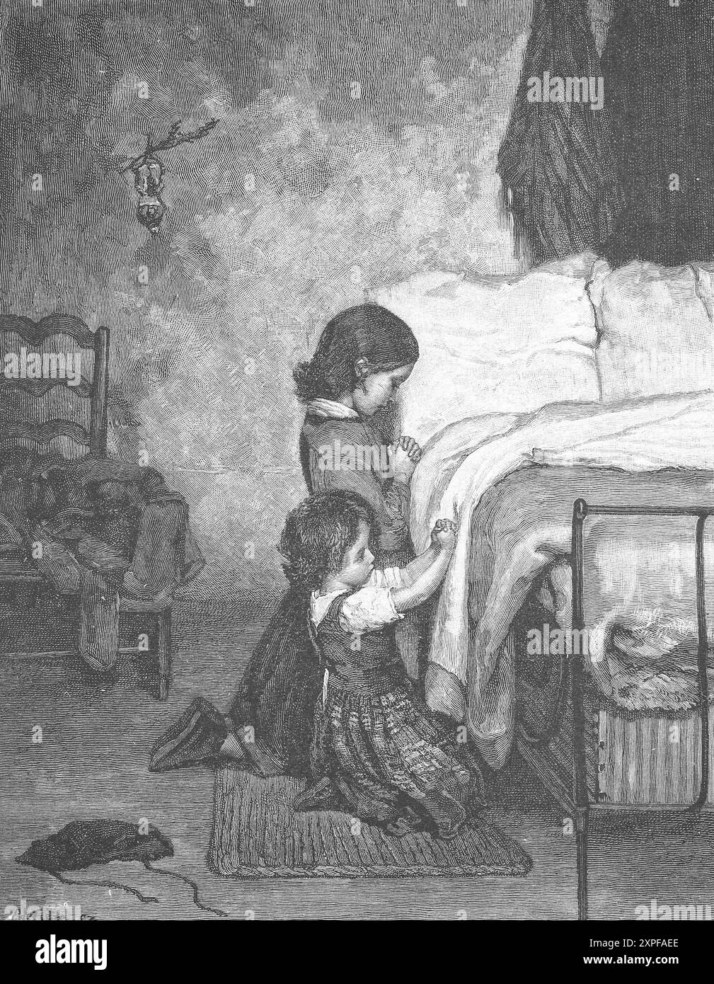 Kinder beim Abendgebet am Bett, 1895, Deutschland, Historisch, digital restaurierte Reproduktion von einer Vorlage aus dem 19. Jahrhundert, record dat Foto Stock