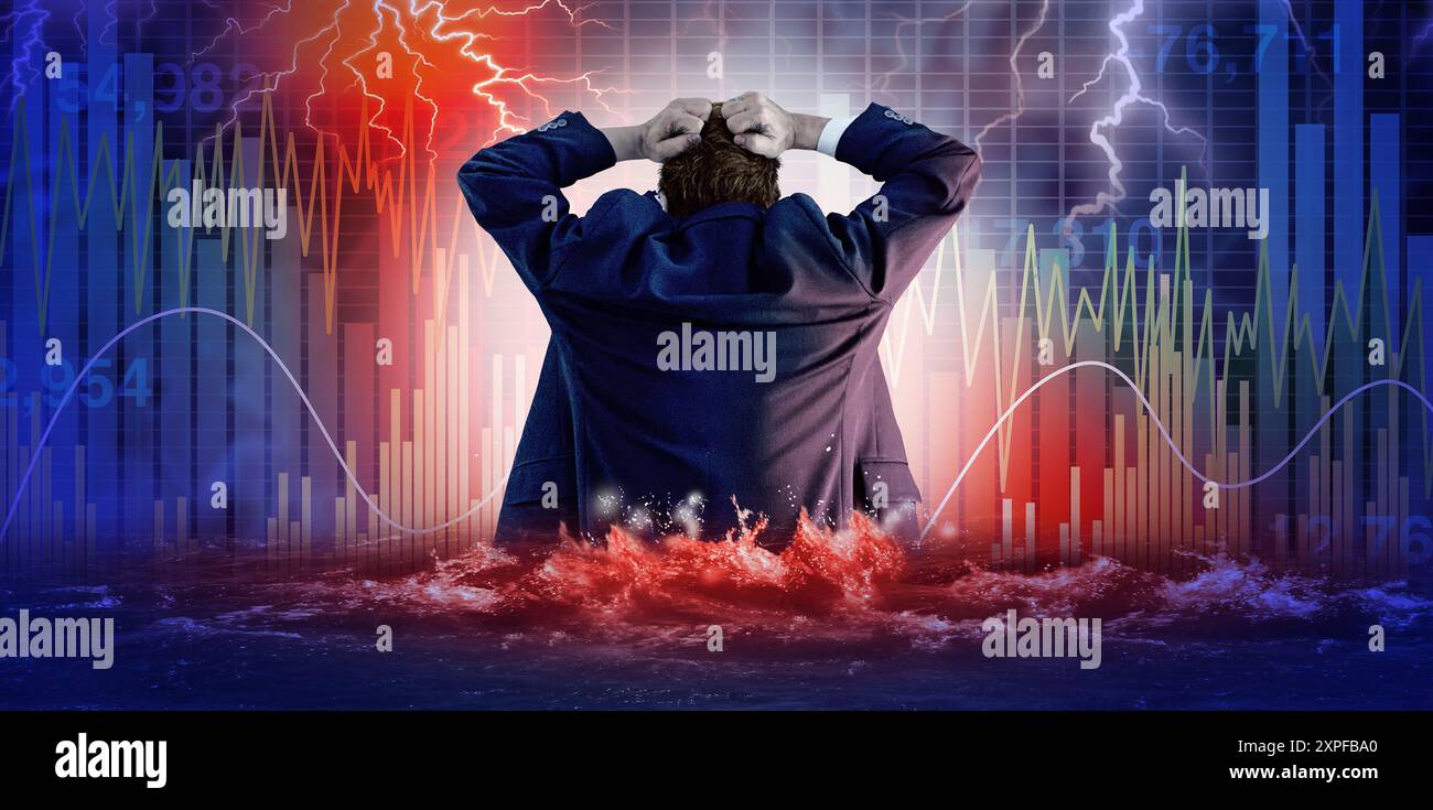 Il panico del mercato azionario e la crisi di Wall Street come collasso economico o disastro finanziario e calo del credito d’affari con un broker azionario o un uomo d’affari Foto Stock