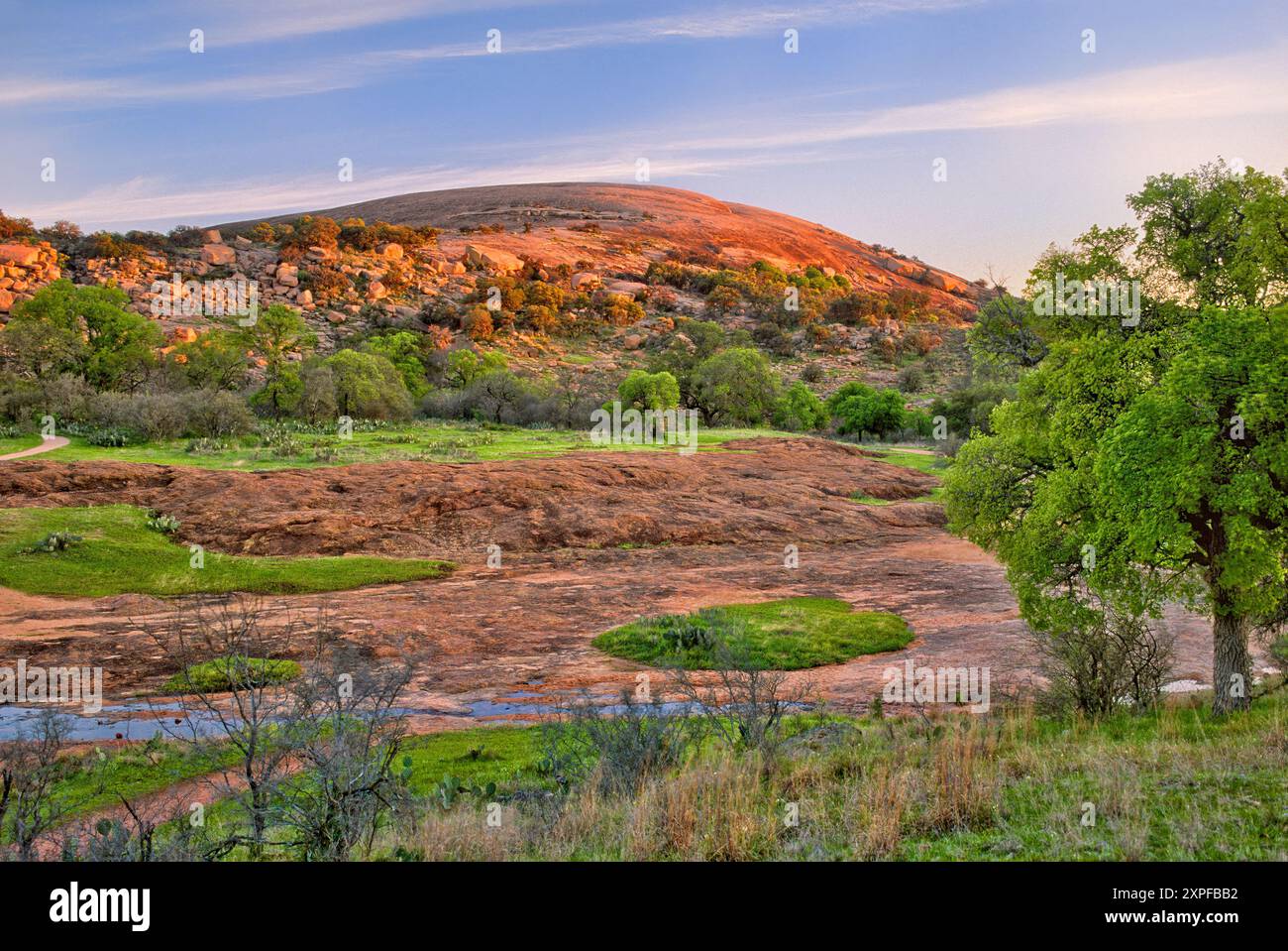 Main Dome all'alba, ruscello dopo la recente pioggia, Enchanted Rock State Natural area, in Hill Country vicino Fredericksburg, Texas, USA Foto Stock