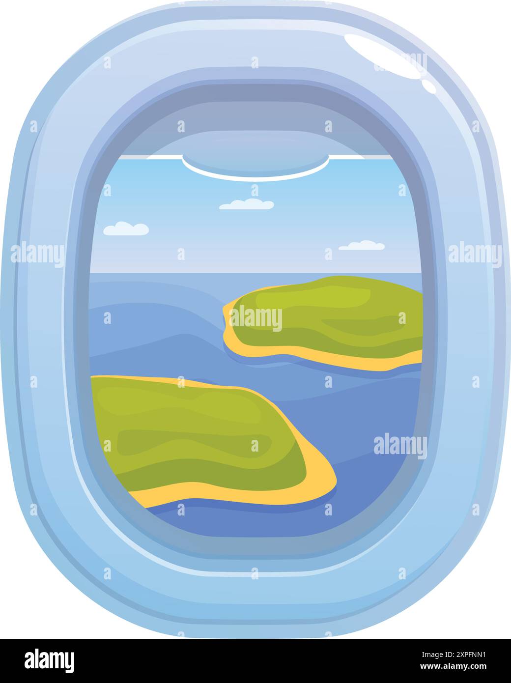 Vista dall'interno di un aereo che vola sopra un oceano tropicale con due isole sottostanti Illustrazione Vettoriale