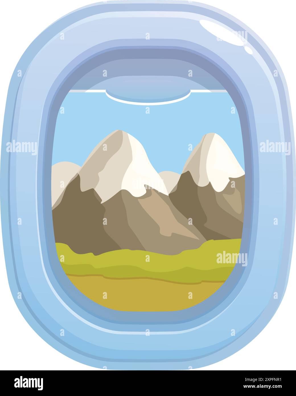 Vista di un bellissimo paesaggio montano con cime innevate dalla finestra di un aereo Illustrazione Vettoriale