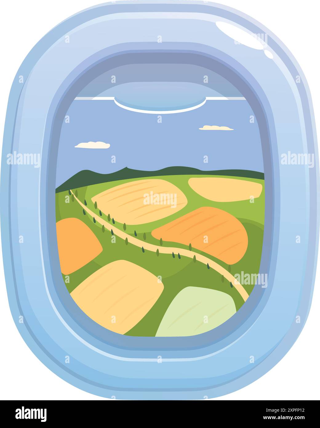 Vista dalla finestra di un aereo che mostra i campi verdi e gialli durante un volo Illustrazione Vettoriale