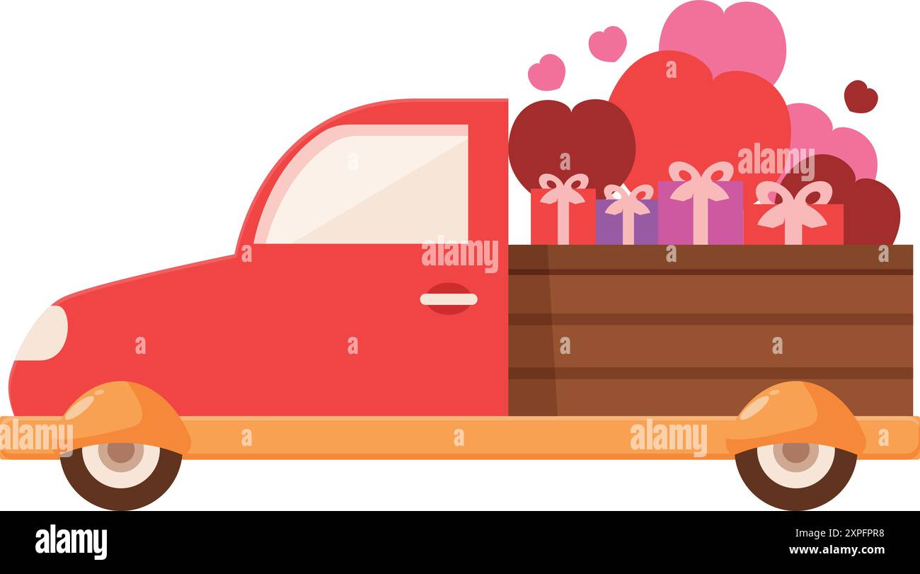 Pick-up rosso con regali per san valentino e palloncini a forma di cuore Illustrazione Vettoriale