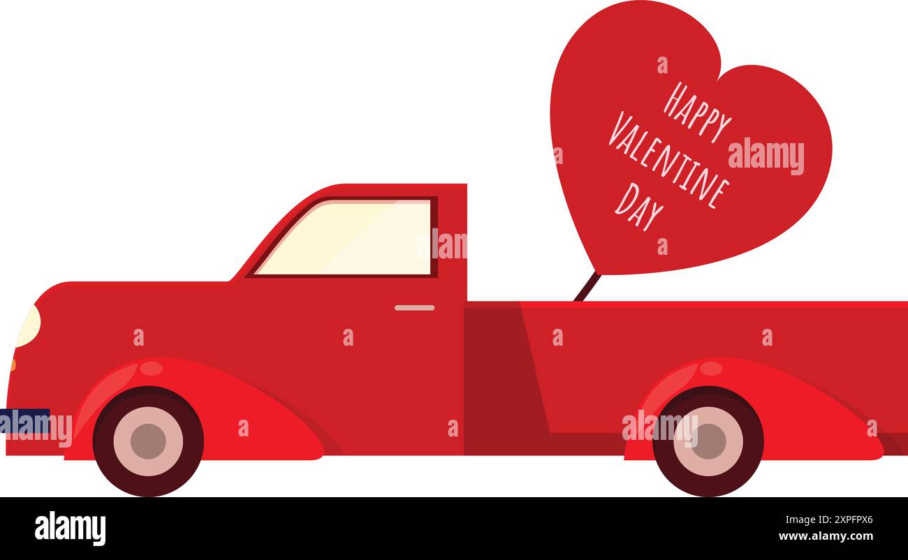 Classico pick-up rosso con un grande cuore rosso per san valentino Illustrazione Vettoriale