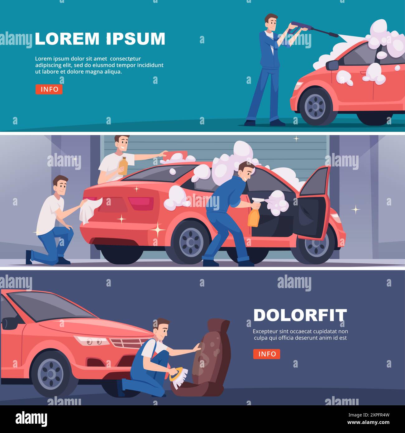 servizio di autolavaggio. lavoratori che lavano in modo uniforme striscioni orizzontali vettoriali rossi per auto con spazio per il testo Illustrazione Vettoriale