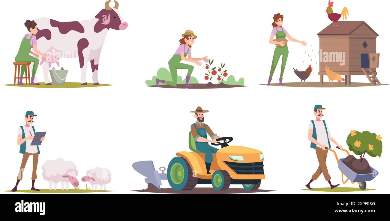 Caratteri agricoli. Agricoltori giardinieri lavoratori rurali persone in campagna esattamente persone vettoriali villaggio in stile cartoni animati Illustrazione Vettoriale