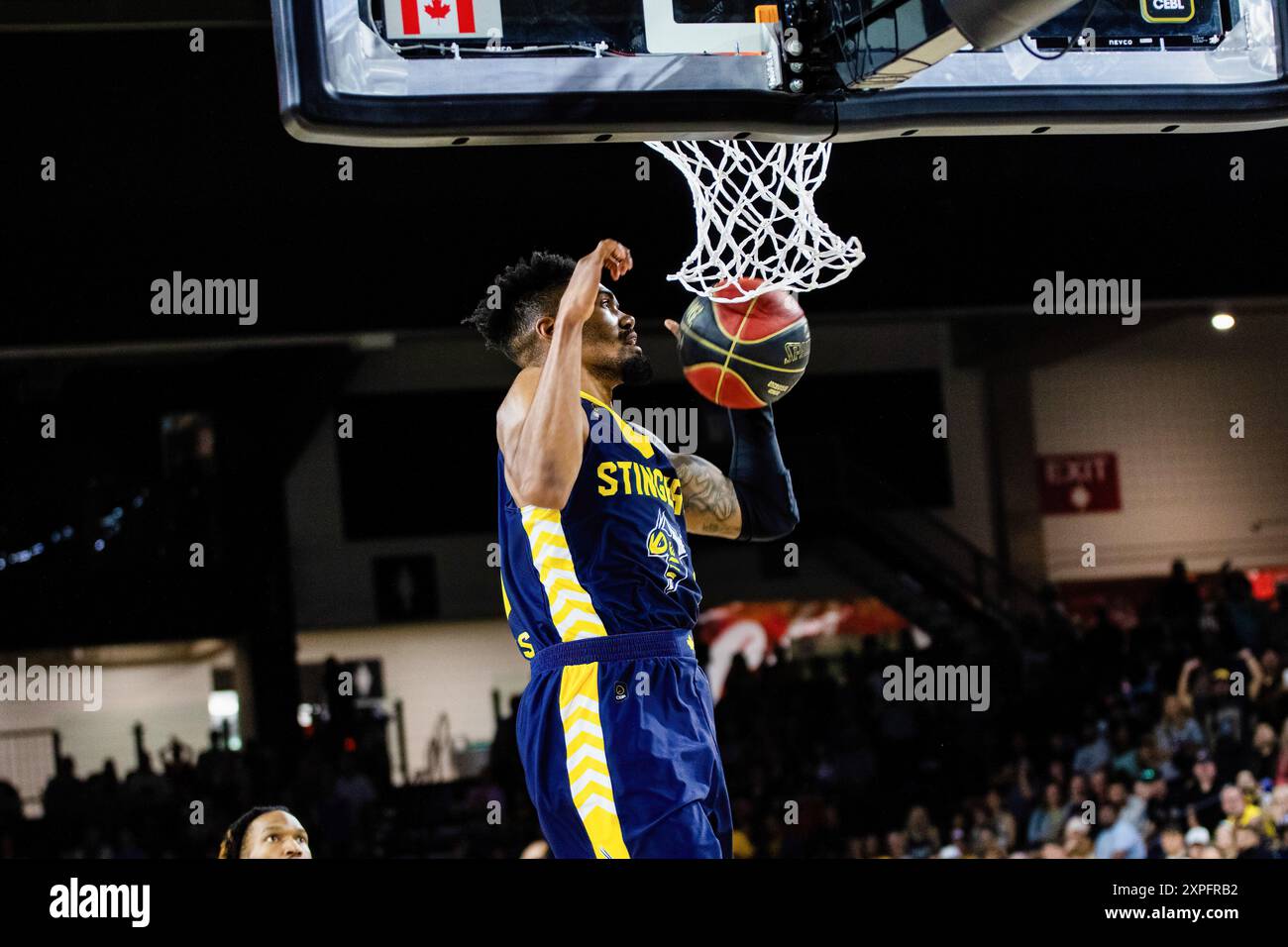 Edmonton, Canada. 4 agosto 2024. Jacob Evans III di Edmonton Stinger sbatte per 2 punti nella semifinale della Western Division nel 2024 contro il Calgary Surge. Calgary Surge (11-9) 78:69 Edmonton Stingers (13-7) (foto di Ron Palmer/SOPA Images/Sipa USA) crediti: SIPA USA/Alamy Live News Foto Stock