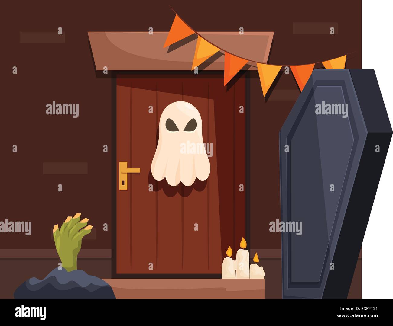 Spaventoso ingresso della casa per feste di halloween decorata con fantasmi e bara Illustrazione Vettoriale