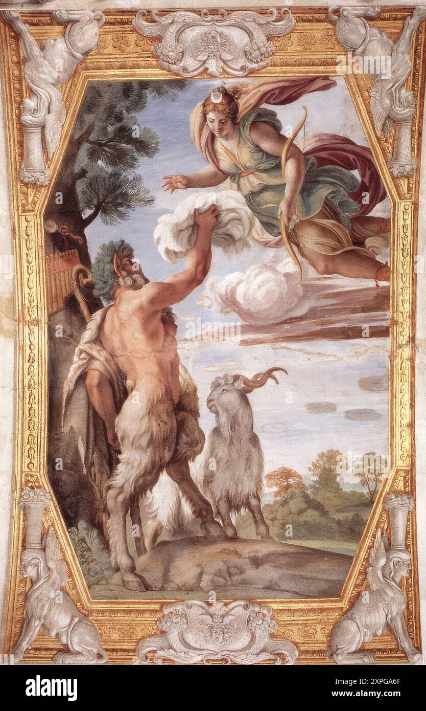 CARRACCI, Annibale (1560, Bologna, 1609, Roma) omaggio a Diana 1597-1602 affresco Palazzo Farnese, Roma Annibale Carracci ha trasformato la sala ricevimento in una brillante collezione di quadri classici. In effetti, la decorazione non doveva essere una singola scena, ma imitava una collezione di dipinti incorniciati che circondavano la scena principale. Questo fu il Trionfo di Bacco e Arianna che riempie il centro del soffitto. I singoli quadri sono dipinti con un senso sorridente e sereno di antichità classica rivisitati e reinterpretati attraverso l'arte di Raffaello, Michelangelo, Tiziano e Cor Foto Stock